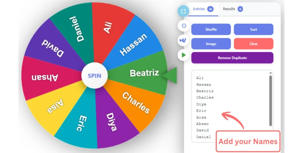 Enter names in Wheel of Name Spin before spinning