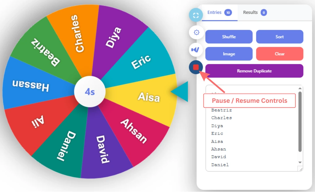 Pause and resume controls in the Wheel of Name Spin during an active wheel spin.