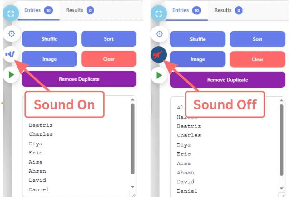 Sound on and sound off controls in the Wheel of Name Spin tool.