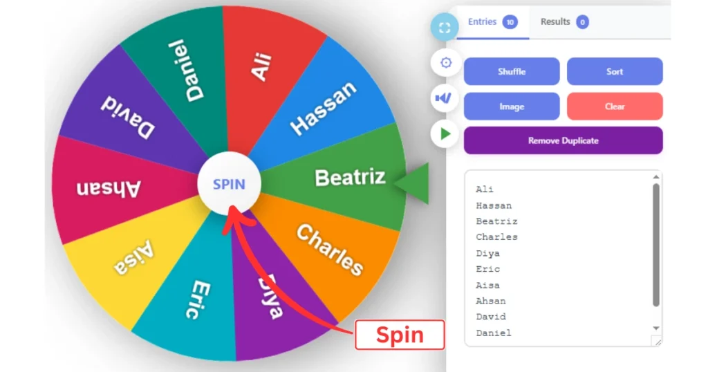 Click the SPIN button in Wheel of Name Spin to choose a random winner