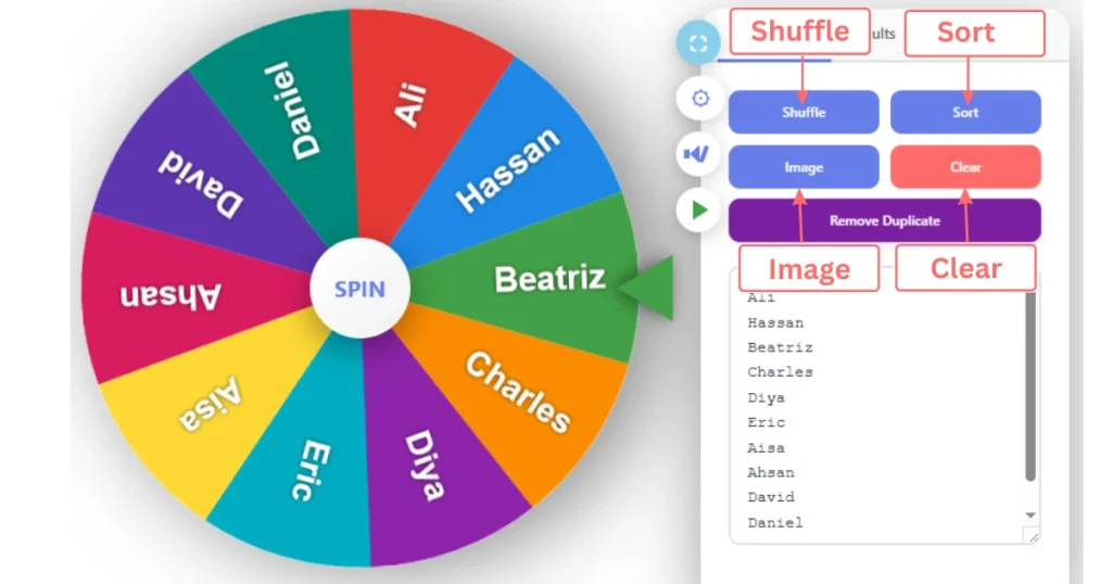 Wheel of Name Spin list actions including Shuffle, Sort, Add Image, and Clear
