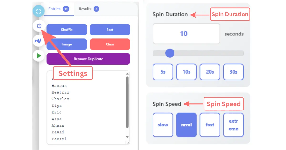 Wheel of Name Spin settings for spin duration and speed