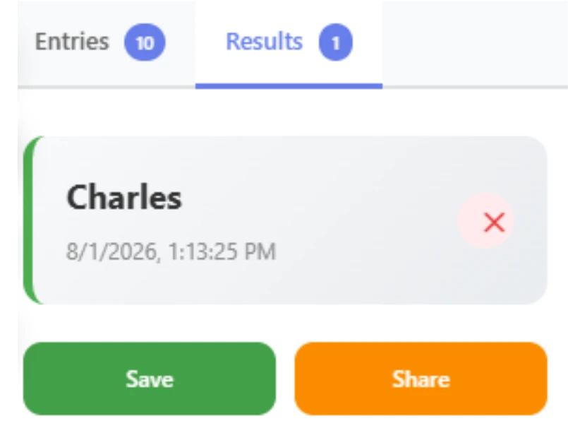 Results tab showing the winner history with save and share options in Wheel of Name Spin.