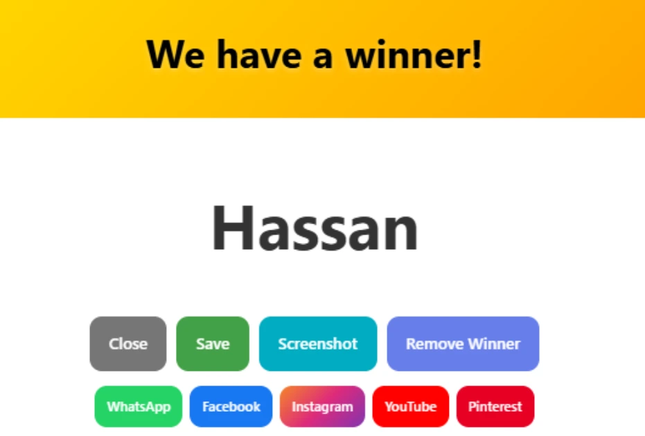 Winner popup showing Close, Save, Screenshot, Remove Winner, and social sharing options in Wheel of Name Spin.