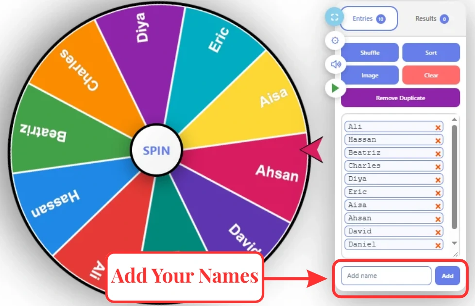 Home 1 Add names to the Wheel of Names spinner before spinning