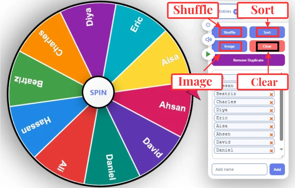 Home 2 Shuffle, Sort, Image and Clear buttons in Wheel of Names Spin