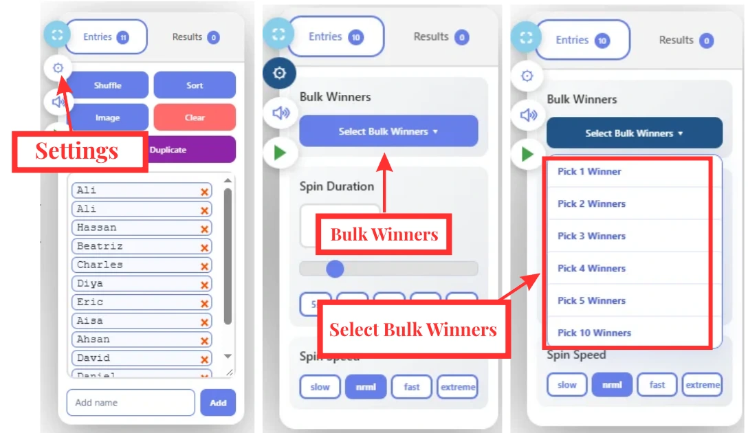 Home 8 Wheel of Names settings showing bulk winners and select bulk winners options