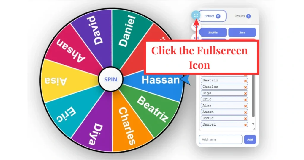 Home 5 Wheel of Names showing the fullscreen icon to expand the spinner