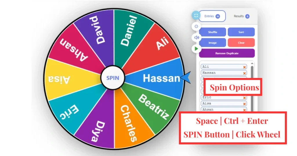 Home 9 Wheel of Names showing different ways to spin using the SPIN button, wheel click, Space key, and Ctrl + Enter