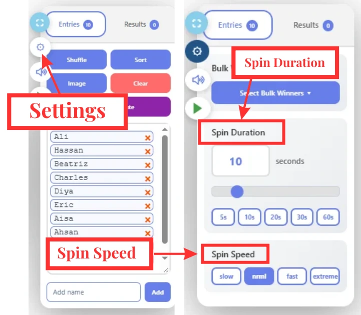 Home 7 Wheel of Names settings showing spin duration and spin speed controls